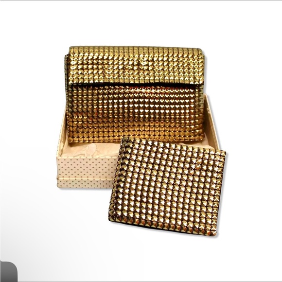Fabulous 1950s gold metal link clutch with matching wallet in original box